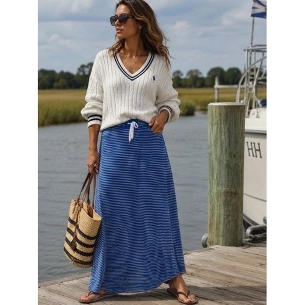Lauren Ralph Lauren Women M Maxi Skirt Blue White Striped Drawstring Jersey